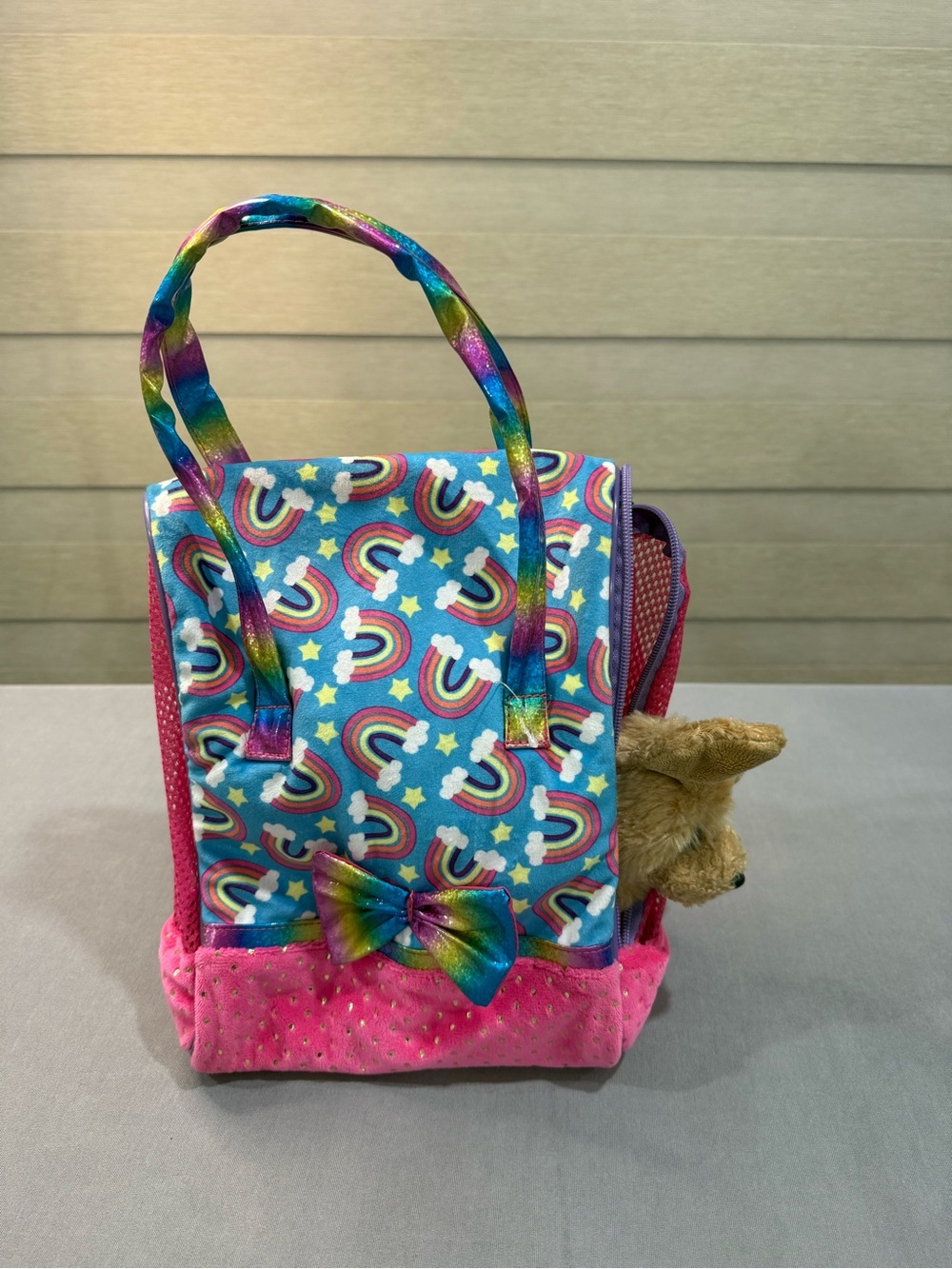 Our Generation Plush Dog with Multicolor Rainbow Print Pet Carrier Bag, 2-Piece